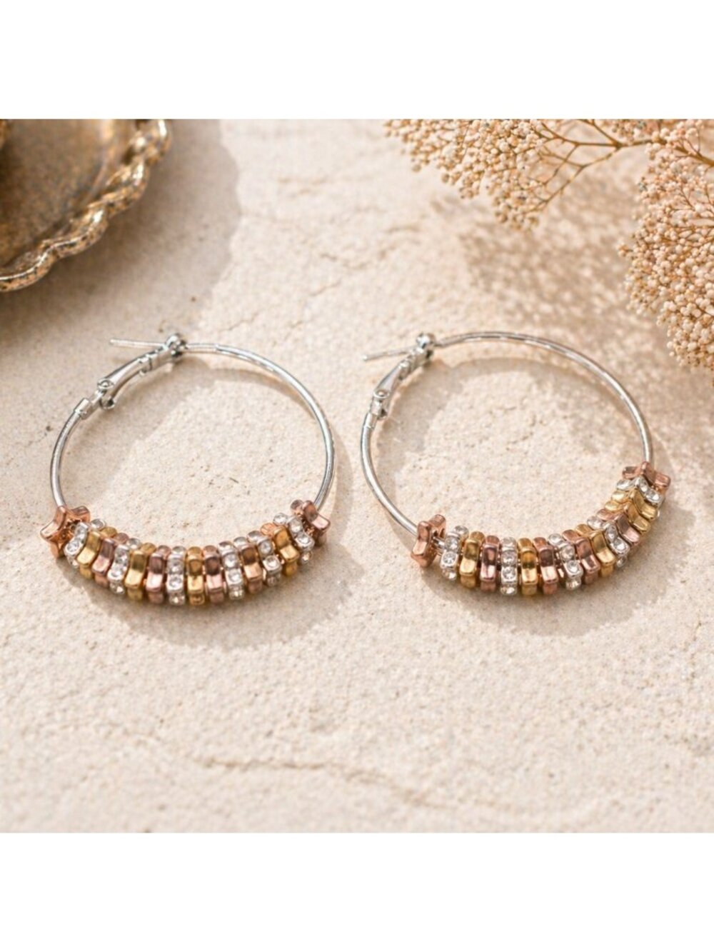 Beaded Hoop Earrings With Mixed Metal Beads & Rhinestones 2-Inch Diameter Vintag